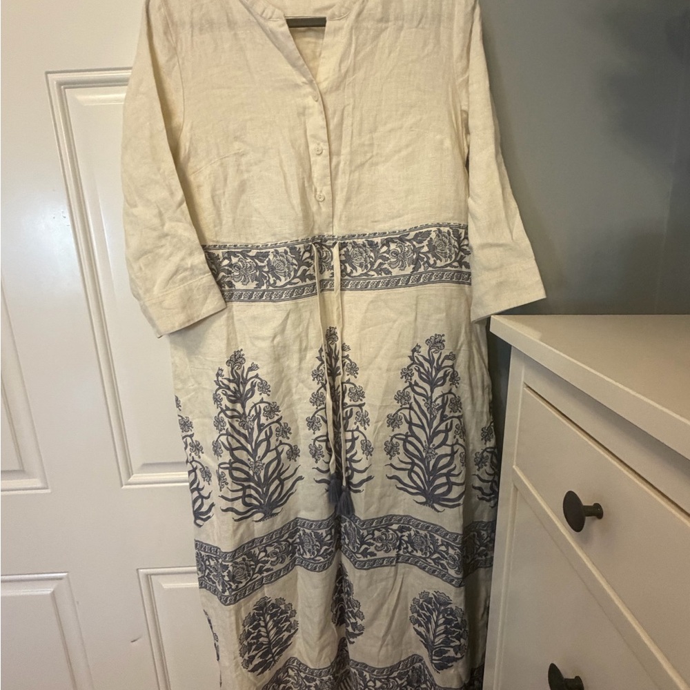 Spartina 449 Kennedy Shirt Dress Pepper Hall Woodblock Floral M Cornflower Blue